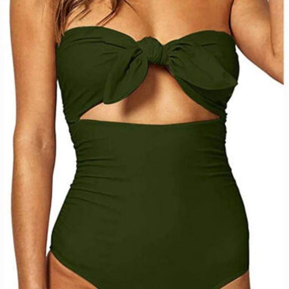 One Piece High Waisted Bandeau Cutout Swimsuit Removable Halter Straps Olive Med - Picture 1 of 8